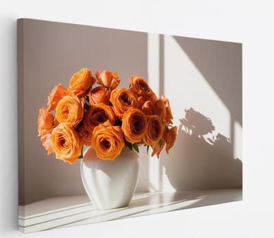 Saammp Canvas Schilderij - Oranje Bloemen in een vaas- Natuur - 45x30 - Foto op canvas - Wanddecoratie - Muurdecoratie Woonkamer - Kantoor Decoratie