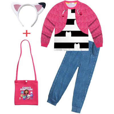 Baby Meisjes Gabbys Dolhouse Kinderen Kostuum Pyjama Gabby Kat Lange Mouw T-shirt+Broek Hoofdband Set Kinderen Halloween Nachthemden 110(3-4Y) gray