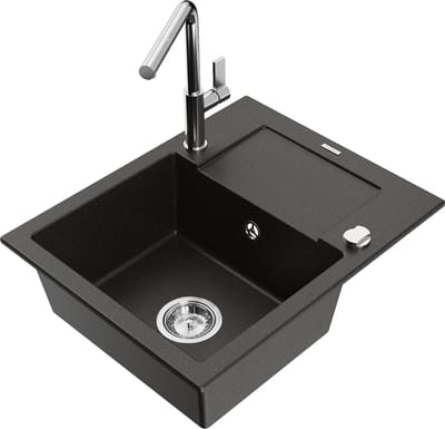 Mexen Enzo granieten gootsteen 1-komor met afdruiprek en keukenkraan Flora, zwart/goud metallic - 6506-75-670401-00