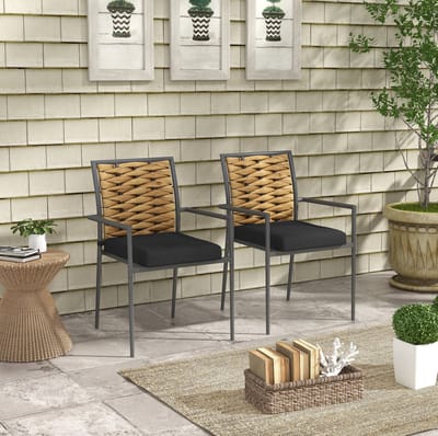 MEUNIQ 2-delige tuinstoel set 57 x 58 x 87 cm met armleuningen, stapelbaar ontwerp en zitkussens, outdoor terrassenstoel voor tuin, terras en loungehoek, zwart