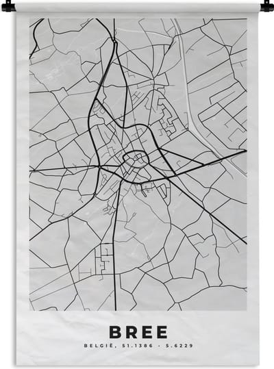 Wandkleed - Wanddoek - Stadskaart – Plattegrond – België – Zwart Wit – Bree – Kaart - 120x180 cm - Wandtapijt