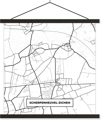 Posterhanger incl. Poster 60x60 cm - Schoolplaat - België – Scherpenheuvel Zichem – Stadskaart – Kaart – Zwart Wit – Plattegrond - Textielposter - Zwarte latten - Stadskaart