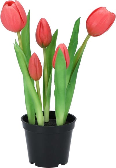 DK Design Kunst tulpen Holland in pot - 5x stuks - fuchsia roze - real touch - 26 cm - levensechte kunstbloemen