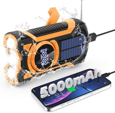Noodradio - Noodradio's - Draagbare noodradio - 5000mAh Zonnesolar handkraan, IP65 stof/waterdicht, Bluetooth 5.3, AM/FM/NOAA Weeralarmradio, LED zaklamp, telefoonlader, SOS-alarm, koptelefoonjack (Oranje)