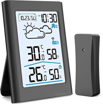 Weerstation binnen en buiten - Weerstation draadloos binnen buiten - Buitensensor met een detectiebereik van 100 meter - thermometer en hygrometer - inclusief tijd, alarm en weersvoorspelling - voor thuis, op school en op het terras-zwart