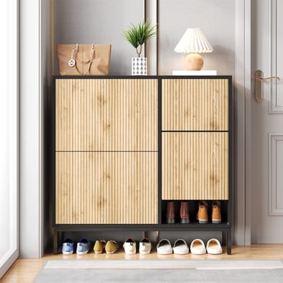 REDOM - Schoenenkast Met Uitschuifbare Zitbank En Open Vak - Golfontwerp - Voor Hal - MDF - Zwart/Naturel - 100 x 25 x 100 cm