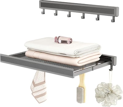 Aan de muur bevestigde kledingdroogrek, opvouwbaar wasdroogrek, 44cm brede aluminium opvouwbare hangende garderobe met 6 handdoekhaken - grijs