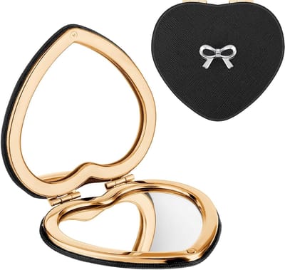 Compact Vouwbare Dubbelzijdige 1X/2X Hart Vergrotende Make-up Spiegel met Mini Spiegel en Faux Leren Hoes voor Vrouwen, Perfect voor Reizen en Dagelijks Gebruik