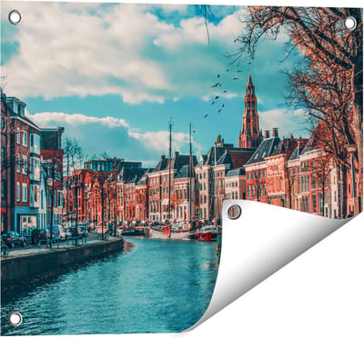 Gards Tuinposter Gracht in Groningen - 50x40 cm - Tuindoek - Tuindecoratie - Wanddecoratie buiten - Tuinschilderij