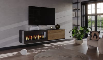 Meubel Square - TV meubel EDGELINE met bio ethanol sfeerhaard - Antraciet / Eiken - 180 cm - Zwevende kast met open haard - Niet elektrisch