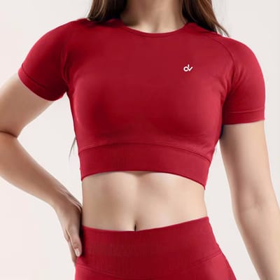 DV – Rood – M – SportCrop – June Spring – Dames – Korte Mouwen - Sport Shirt- Aansluitend, Ademend, Zweetafvoerend - June Spring