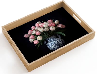 Dienblad hout 40x30 cm - Schootdienblad - Bloemen - Roze - Tulpen - Vaas - Borrelplank rechthoek - Plateau dienbladen
