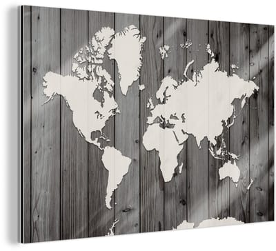 Aluminium schilderij 90x60 cm - Wanddecoratie metaal - Wereldkaart - Hout - Zwart - Wit - Metalen muurdecoratie woonkamer - Decoratie industrieel - Foto op dibond - Industriële accessoires slaapkamer