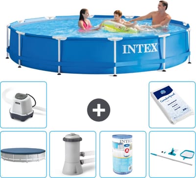 Intex Rond Frame Zwembad - 366 x 76 cm - Blauw - Inclusief Afdekzeil - Zwembadfilterpomp - Filter - Schoonmaakset - Zoutwatersysteem - Zwembadzout - 7-delig