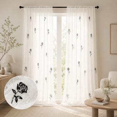 Qelus 2 Stuks Roos Geborduurde Vitrage - Shaggy Voile Gordijnen - 132x175cm - Decoratieve Gordijnen - furry textuur - lichtfilterend - voor woonkamer - bruiloft - Wit