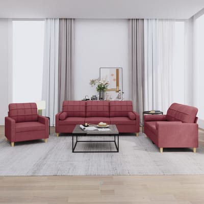 vidaXL - 3-delige - Loungeset - met - kussens - stof - wijnrood