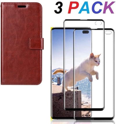 Bookcase hoesje Geschikt voor: Samsung Galaxy S10+ Portemonnee bruin met 2 stuks Glas Screen protector