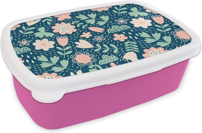 Broodtrommel Roze - Lunchbox - Brooddoos - Bloemen - Patroon - Planten - 18x12x6 cm - Kinderen - Meisje