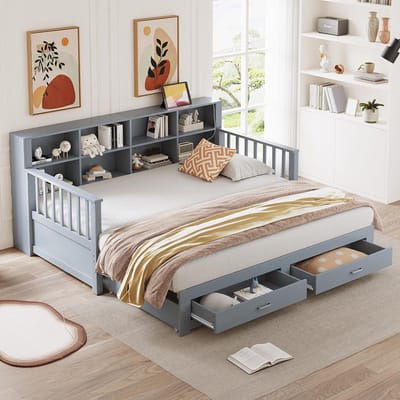 BLACKCOLORS Uitschuifbare slaapbank van massief hout 90/180x190 cm, opbergkast met oplaadpunt in de armleuning, met 2 lades en lattenbodem, multifunctioneel bed van grenenhout, grijs