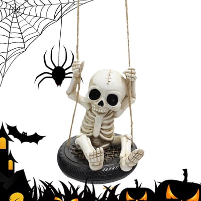 Skelet Schommel Decoratie - Tuinbeeld Hangend - Feestelijke Aankleding - Weerbestendig Hars - 11.3 x 10 x 11.3 cm