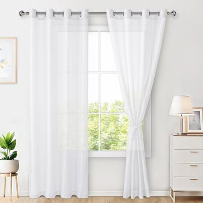 Glasgordijn, set van 2 gordijnen, voor woonkamer, met ingestanste ringen, transparant, doorzichtig, luchtig, decoratief, voor slaapkamer en woonkamer, 215 x 140 cm (h x b), wit