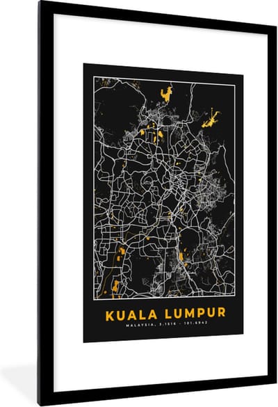 Fotolijst incl. Poster - Kuala Lumpur - Stadskaart - Plattegrond - Goud - Kaart - 80x120 cm - Posterlijst