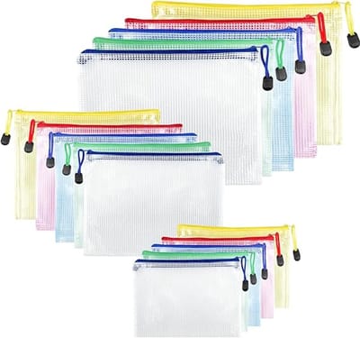 Famanu - Documentenhoes A4+A5+A6, waterdichte mesh documentenhoesjes, documentenmap met rits, ritszakje voor documenten, kwitanties, examenblad, cosmetica, 15 stuks, 5 kleuren