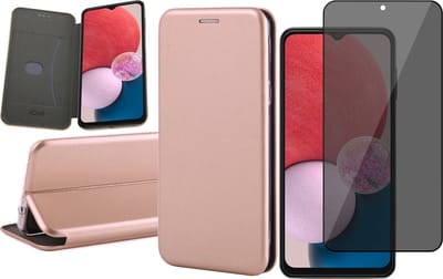 Hoesje geschikt voor Samsung Galaxy A13 4G - Book Case Kunstlederen Wallet Cover Minimalistisch Pasjeshouder Hoes Roségoud - Tempered Glass Privacy Screenprotector