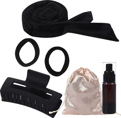 set van 6, Haarkruller, krullen zonder hitte, hitteloze krulband, fluweel, hoofdband voor krullen 's nachts, antislip, doe-het-zelf haarkruller, haarband, voaor halflang haar,Met een lege fles, Zwart