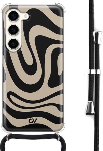 Telefoonhoesje met koord geschikt voor Samsung S23 - Abstract Black Waves - Inclusief koord - Transparant, Zwart - - Crossbody beschermhoes - Met Telefoonketting
