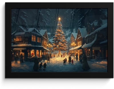Poster in lijst - Fotolijst 30x20 cm - Posters - Kerstfeest - Dorp - Donker - Posterlijst zwart - Decoratie - Wanddecoratie woonkamer - Muurdecoratie slaapkamer - Kerstversiering - Kerstdecoratie voor binnen - Kerstmis