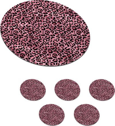 Onderzetters voor glazen - Rond - Panter - Roze - Dierenprint - Patronen - 10x10 cm - Glasonderzetters - 6 stuks