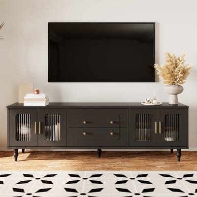 TV-Meubel - Retro Lowboard met Glazen Deur en Massief Houten Poten - MDF/Glas - Houtkleur