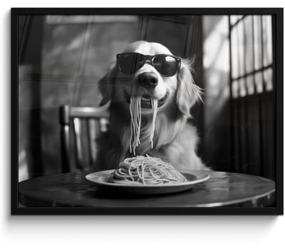 Poster in lijst - Fotolijst 70x50 cm - Posters - Golden Retriever - Hond - Vrolijk - Bord spaghetti - Zwart - wit - Posterlijst zwart - Decoratie - Wanddecoratie woonkamer - Muurdecoratie slaapkamer