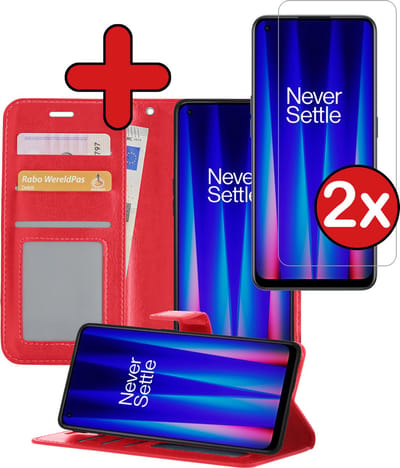Hoesje - Met 2x Screenprotector - Geschikt voor OnePlus Nord CE 2 - Luxe Pasjeshouder - Flip Case - Bookcase Portemonee - Kunstleer Book Case - Flipcase Hoes - Book Cover - Walletcase - Portemonneehoes - Telefoonhoes - Rood