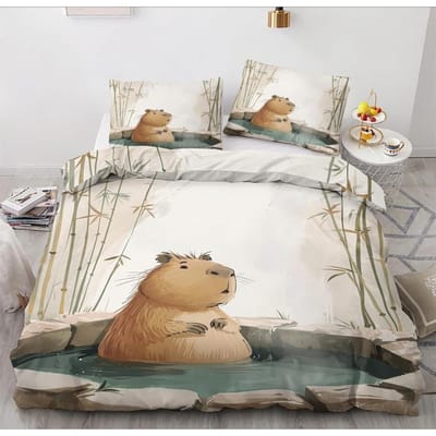 Cartoon Dier Capibara Motief Beddengoed, Microvezel Beddengoedsets, Kinderbeddengoed met Rits Kamerdecor Dekbedovertrek 135x200cm