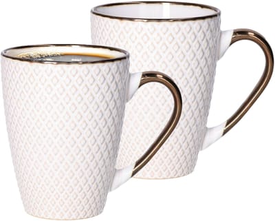 Secret de Gourmet Koffiemokken Harlekijn - 2x stuks - Keramiek - wit/goud - 300 ml - 8 x 11 cm - Luxe uitstraling
