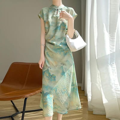 Vintage Stijl Nieuwste Chinese Stijl Zijde Katoen Jurk voor Vrouwen met Hoogwaardige Opstaande Kraag Knopen Chinese Stijl Geprint Middellange Basis Lange Rok XXL beige