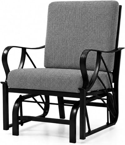 Patio Glider – Buitenstoel met afneembaar kussen – Stevig metalen frame, gebogen armleuningen – Schommelstoelen voor op de veranda, tuinmeubilair voor tuin, erf en gazon – Donkergrijs