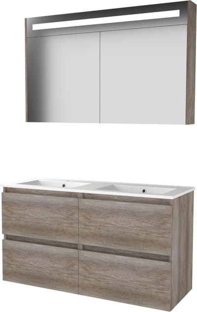 Basic Premium 46 badmeubelset met spiegelkast met geïntegreerde LED verlichting, greeploze wastafelonderkast met 4 lades en porseleinen wastafel met 2
