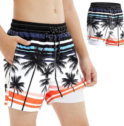 Zwemshorts voor Jongens met Compressievoering en Zakjes - Sneldrogende 2-in-1 Badshorts met Elastische Tailleband voor Strand en Raften, Geschikt voor Kinderen van 7-13 Jaar