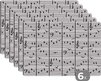 Placemat - Placemats kunststof - Patroon - Vogel - Muziek - 45x30 cm - 6 stuks - Hittebestendig - Anti-Slip - Onderlegger - Afneembaar