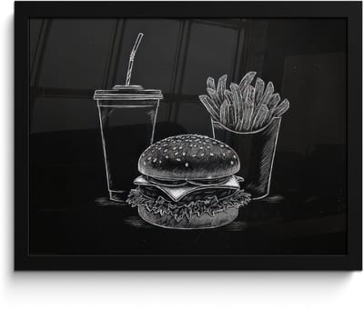 Poster in lijst - Fotolijst 40x30 cm - Posters - Hamburger - Friet - Frisdrank - Krijttekening - Posterlijst zwart - Decoratie - Wanddecoratie woonkamer - Muurdecoratie slaapkamer