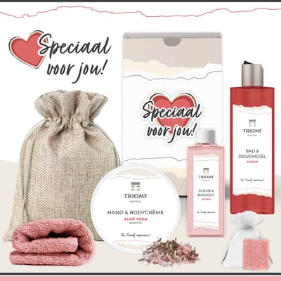 Geschenkset “Speciaal Voor Jou!” - 6 producten - 680 gram - Triomf Cosmetica | Giftset voor haar Verjaardag Cadeau Valentijnsdag Valentijn Luxe wellness cadeaubox Vriendin Vrouw Meisje Cadeaupakket Liefde Geschenk Pakket Douchegel Gift Set Rood