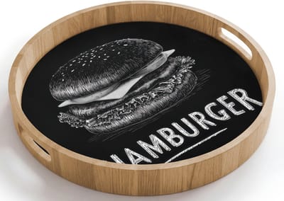 Dienblad rond 40x40 cm - Schootdienblad hout - Hamburger - Krijttekst - Zwart - Wit - Borrelplank rechthoek - Plateau houten dienbladen