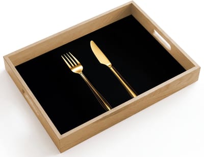 Dienblad hout 40x30 cm - Schootdienblad - Bestek - Goud - Mes - Vork - Borrelplank rechthoek - Plateau dienbladen