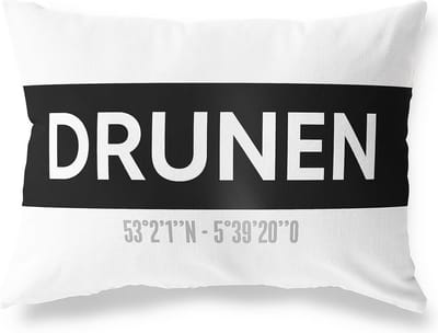 Tuinkussen DRUNEN - NOORD-BRABANT met coördinaten - Buitenkussen - Bootkussen - Weerbestendig - Jouw Plaats - Studio216 - Modern - Zwart-Wit - 50x30cm