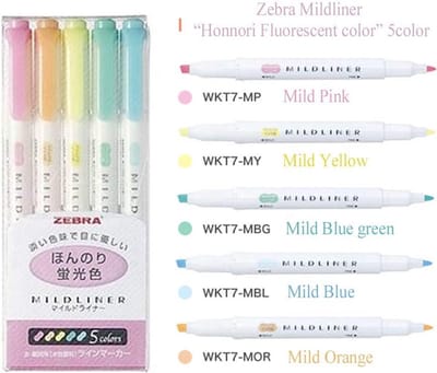 Zebra Mildliner Double Sided Tekstmarker - Fine & Bold - Pastel Colors - Set van 5 + Bag