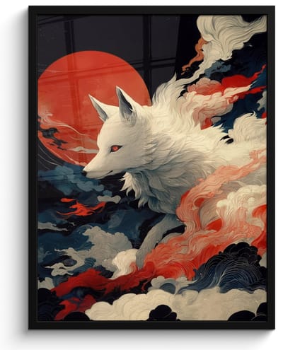 Poster in lijst - Fotolijst 60x80 cm - Posters - Witte vos - wolken - maan - Posterlijst zwart - Decoratie - Wanddecoratie woonkamer - Muurdecoratie slaapkamer