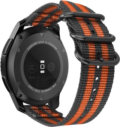 Strap-it Smartwatch bandje 20mm - nylon gesp band geschikt voor Samsung Galaxy Watch 1 42mm / Watch 3 41mm / Watch Active (2) / Watch FE / Gear Sport / Watch 4 (Classic) / Watch 5 (Pro) / Watch 6 (Classic) / Watch 7 (40 & 44mm) - zwart/oranje